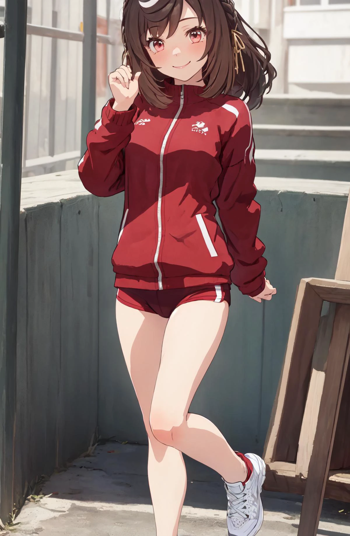 1girl,
masterpiece, best quality,buena_vista \(umamusume\), shoes, white socks, smile, looking at viewer, sneakers, red jacket, long sleeves, red footwear, hand up, tracen training uniform, ankle socks, red buruma, medium hair, yellow hairband, yellow ribbon, ear ornament
horse ear,
<lora:SD_Buena_Vista_v1.1:0.6> <lora:GoodHands-vanilla:1>