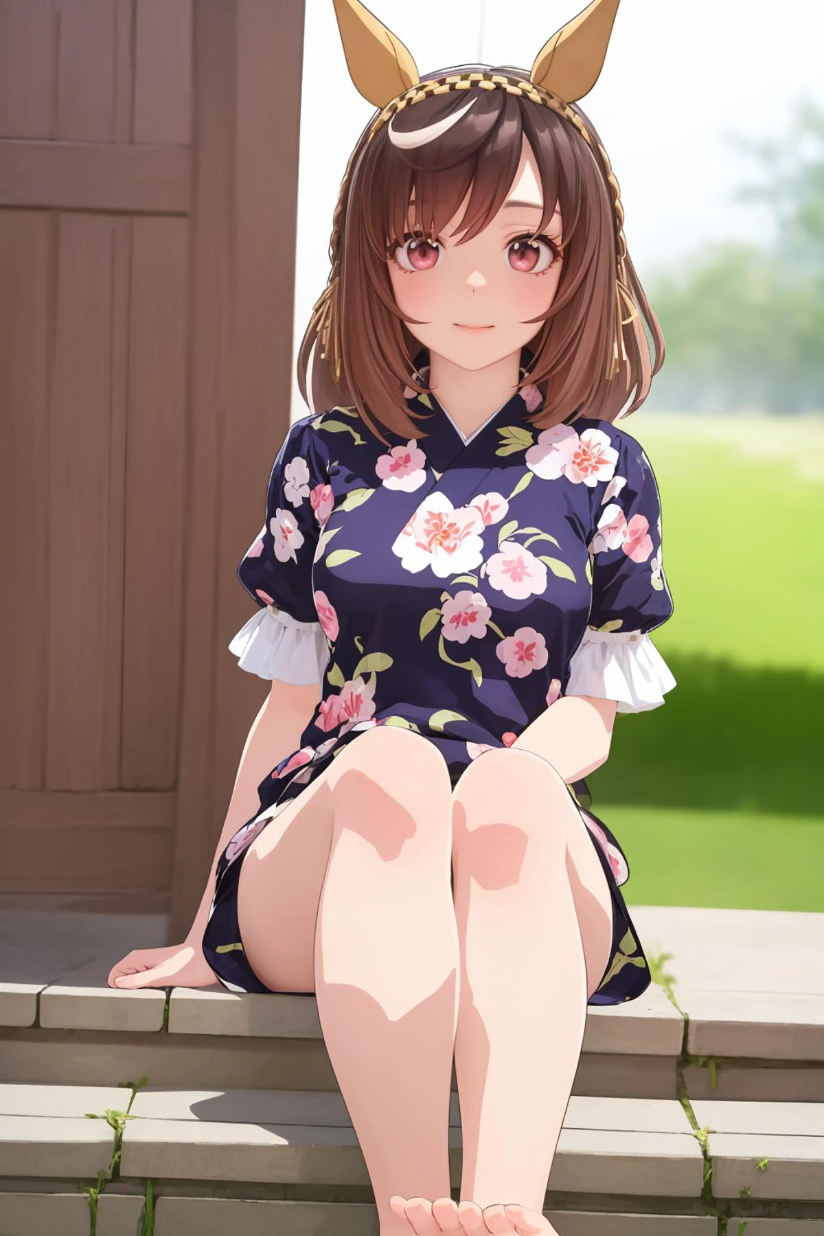 masterpiece,8k high quality detailed,highres,anime,<lora:velvia:0.6>,
illustration \(artbook\),photo \(female\),
<lora:SD_Buena_Vista_V1.1:0.6>,Buena_Vista(umamusume),buena_vista \(umamusume\),1girl,red eyes,medium hair,horse ear,ear ornament,yellow ribbon,yellow hairband,horseshoe ornament,medium breasts,detailed_face,(Grimace),(<lora:jyoji fuku v10:0.45>,jyojifuku,floral print,short sleeves),(((Sitting with legs spread apart, appearing relaxed and confident))),
(<lora:more_details:0.3>,realistic clothing texture,realistic_skin_texture),solo,