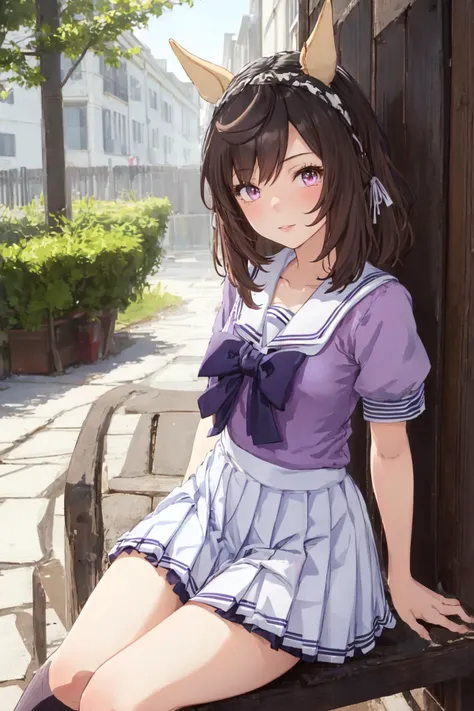 1girl, sitting,white skirt, pleated skirt
masterpiece, best quality,buena_vista \(umamusume\), arms at sides, tracen school uniform, summer uniform, puffy short sleeves, purple bowtie, horseshoe ornament, sailor collar, s, purple shirt, 
horse ear,hugging own legs,
<lora:SD_Buena_Vista_v1.1:0.5> <lora:GoodHands-vanilla:1>