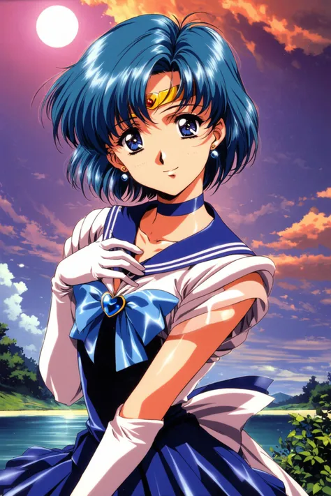 1girl,solo,sailor senshi uniform,gloves,magical girl,blue eyes,skirt,choker,bow,short hair,tiara,blue hair,jewelry,elbow gloves,sailor collar,white gloves,sailor mercury,earrings,blue skirt,smile,blue sailor collar,full moon,blue choker,mizuno ami,brooch,hand on own chest,pleated skirt,circlet,water,sky,looking at viewer,1990s \(style\),retro artstyle,<lora:Koh Kawarajima_XL:0.8>,