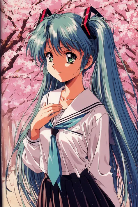 1girl,solo,hatsune miku,school uniform,auqa hair,green eyes,cherry blossoms,hair ornament,hanami,sakura,smile,looking at viewer,hand on own chest,1990s \(style\),retro artstyle,<lora:Koh Kawarajima_XL:0.8>,