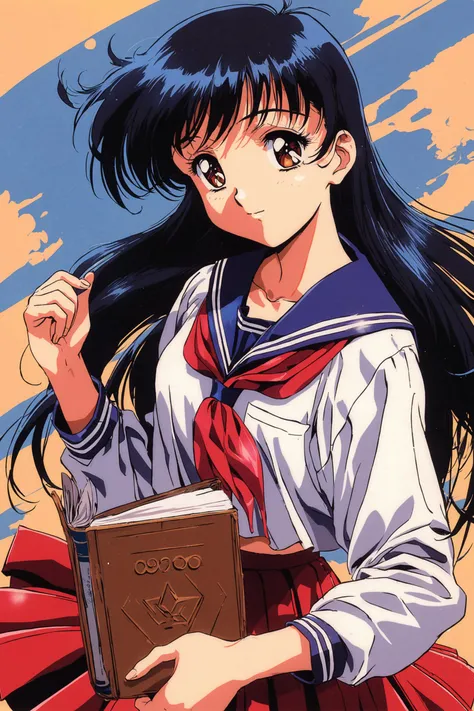 1girl,solo,long hair,school uniform,retro artstyle,1990s (style),skirt,brown eyes,long sleeves,serafuku,pleated skirt,looking at viewer,red skirt,book,blue hair,red neckerchief,black hair,holding book,sailor collar,<lora:Koh Kawarajima_XL:0.7>,