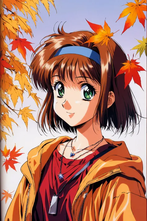 1girl,solo,short hair,hairband,green eyes,brown hair,leaf,smile,autumn leaves,looking at viewer,necklace,retro artstyle,1990s \(style\),looking at viewer,<lora:Koh Kawarajima_XL:0.8>,