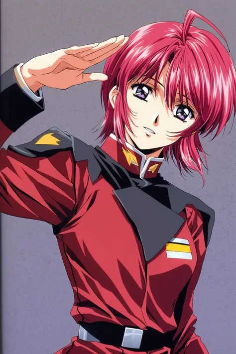 Lunamaria Hawke,1girl,solo,uniform,pink skirt,short hair,military uniform,military,skirt,long sleeves,ahoge,belt,purple eyes,pink hair,red hair,blue eyes,parted lips,looking at viewer,salute,light smile,1990s \(style\),retro artstyle,<lora:Koh Kawarajima_XL:0.8>,