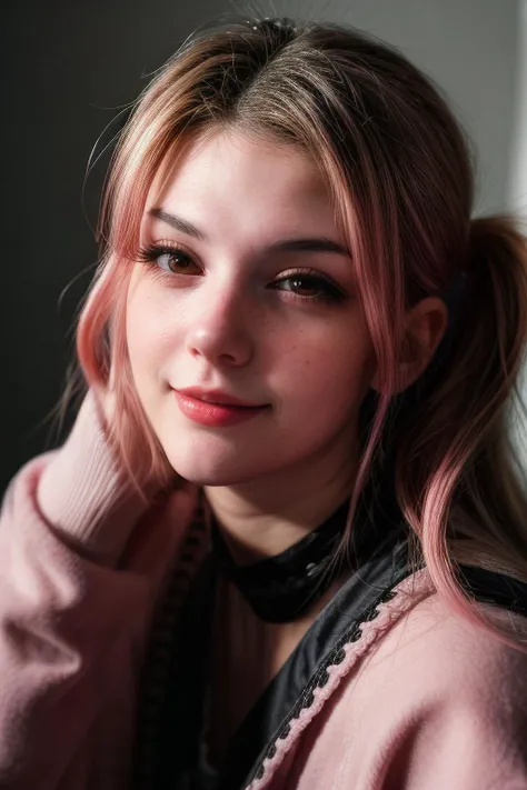 realistic portrait photo of beautiful meggii2023, <lora:add_detail:1.5>, <lora:epi_noiseoffset2:1>, <lora:meggii2023:1>, <lora:lcm-lora-sdv1-5:1>, make up, lipstick, eye liner, choker collar, close up, look at camera, smiling, pink hair