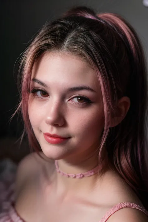 realistic portrait photo of beautiful meggii2023, <lora:add_detail:1.5>, <lora:epi_noiseoffset2:1>, <lora:meggii2023:1>, <lora:lcm-lora-sdv1-5:1>, make up, lipstick, eye liner, choker collar, close up, look at camera, smiling, pink hair