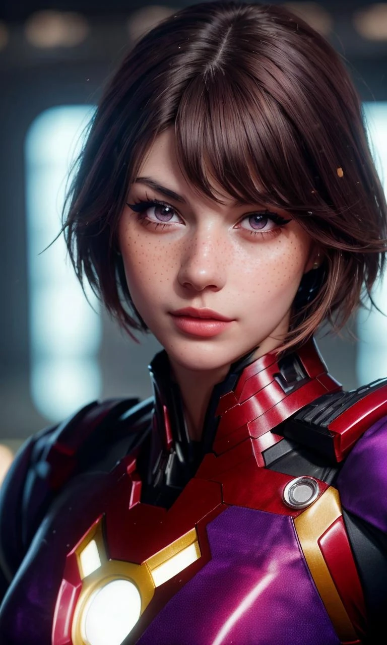 meggii2023, 1 girl, uhd, best quality, purple suit, masterpiece, photorealistic, brown hair, raw image, wearing purple ironman suit, armored suit, glowing, short hair, mascara, big eyelashes, closeup, freckles,