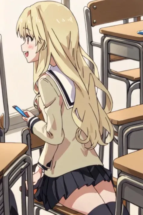 best quality, masterpiece, highres, solo, {sumino_sayaka_ahogirl:1.15}, long_hair, blonde_hair, open_mouth, brown_eyes, blush, 1girl, profile, school_uniform, smile, chair, desk, sitting, :d