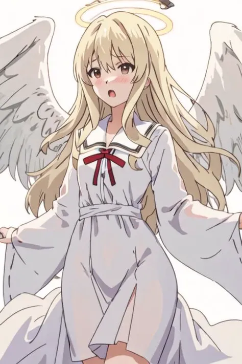 best quality, masterpiece, highres, solo, {sumino_sayaka_ahogirl:1.15}, long_hair, blonde_hair, open_mouth, brown_eyes, blush, 1girl, angel, angel_wings, wings, feathered_wings, halo, closed_eyes, robe, simple_background, dress, white_dress, white_robe