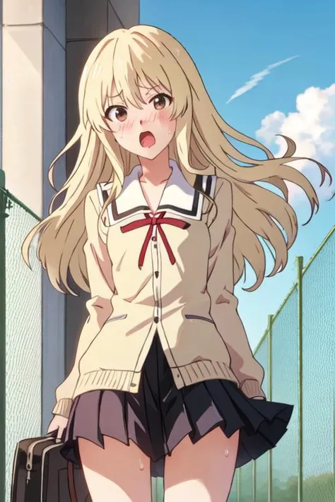 best quality, masterpiece, highres, solo, {sumino_sayaka_ahogirl:1.15}, long_hair, blonde_hair, open_mouth, brown_eyes, blush, 1girl, cloud, day, fence, outdoors, school_uniform, sky, sweat, sweatdrop, looking_at_viewer, chain-link_fence, anime_coloring, parody