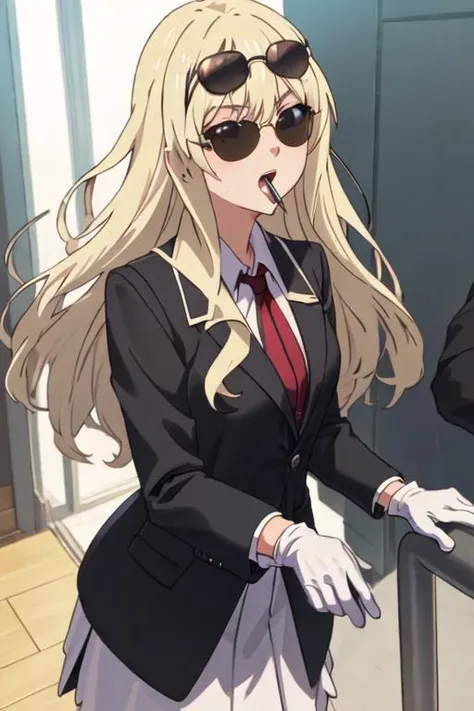 best quality, masterpiece, highres, solo, {black business suit:1.40}, {tie:1.20}, {sunglasses:1.25}, {white gloves:1.15}, {white shirt:1.10}, {black skirt:1.15}, {smoking:1.20}, handsome, {sumino_sayaka_ahogirl:1.15}, long_hair, blonde_hair, open_mouth, brown_eyes, blush