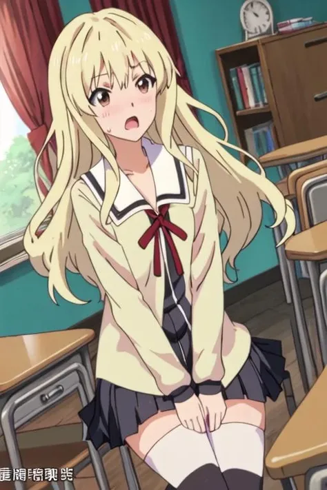((high quality)), ((masterpiece)), 8k, Peeing self, Have to pee, Anime, looking at camera, embarrassed, blush, pee stain, pee stain on skirt, peeing, yellow pee, tears, crying, out of breath, sweating, red eyes, blonde hair, one girl