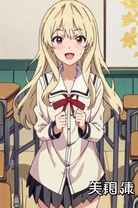 best quality, masterpiece, highres, solo, {sumino_sayaka_ahogirl:1.15}, long_hair, blonde_hair, open_mouth, brown_eyes, blush, looking_at_viewer, parody, school_uniform, sweatdrop, 1girl, smile, 1boy, fake_screenshot, male_focus, otoko_no_ko, anime_coloring, chinese_text, sweat