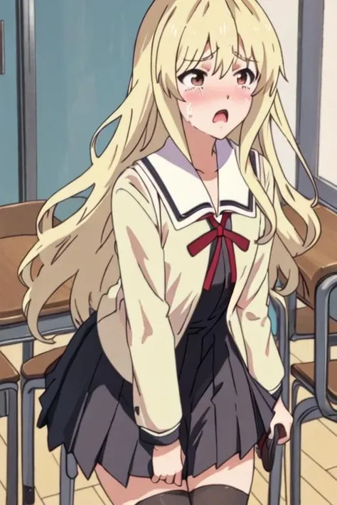 best quality, masterpiece, highres, solo, {sumino_sayaka_ahogirl:1.15}, long_hair, blonde_hair, open_mouth, brown_eyes, blush, 1girl, closed_eyes, long_sleeves, school_uniform, crying, dress, parody, red_ribbon, tears