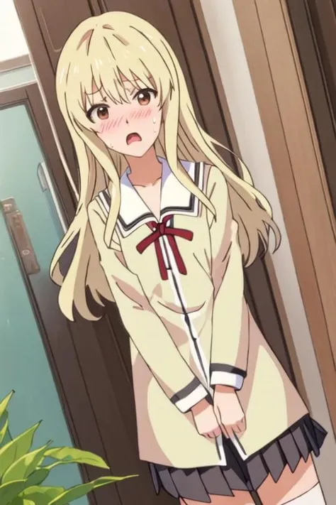 best quality, masterpiece, highres, solo, {sumino_sayaka_ahogirl:1.15}, long_hair, blonde_hair, open_mouth, brown_eyes, blush, 1girl, school_uniform, sweat, parody, sweatdrop, emphasis_lines