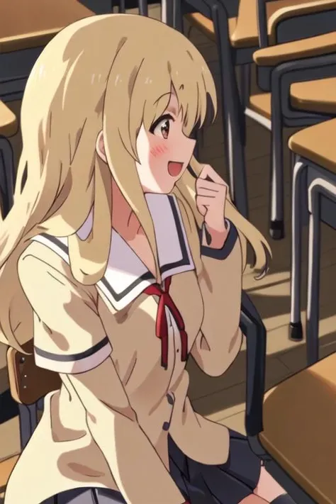 best quality, masterpiece, highres, solo, {sumino_sayaka_ahogirl:1.15}, long_hair, blonde_hair, open_mouth, brown_eyes, blush, 1girl, profile, school_uniform, smile, chair, desk, sitting, :d