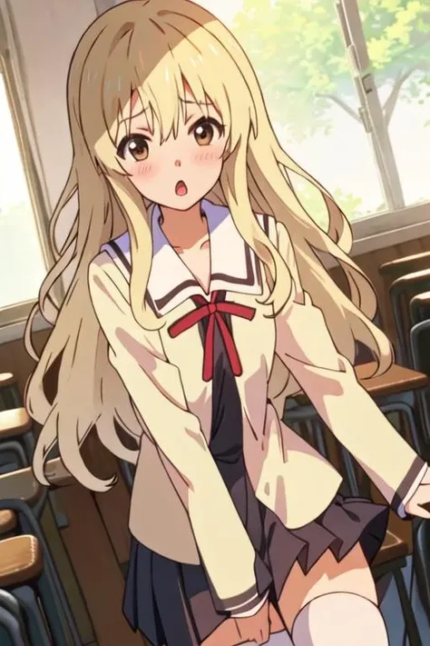 best quality, masterpiece, highres, solo, {sumino_sayaka_ahogirl:1.15}, long_hair, blonde_hair, open_mouth, brown_eyes, blush, 2girls, multiple_girls, school_uniform, skirt, :o, brown_hair, solo_focus, thighhighs