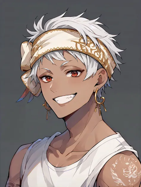 score_9, score_8_up, score_7_up, score_6_up, score_5_up, score_4_up, rating_explicit, BREAK kalimalasim, 1boy, slim, dark skin, arm tattoo, red eyes, white hair, headband, short hair, jewelry, earrings, <lora:KalimAlAsim_PDXL:1>, shirt, smile