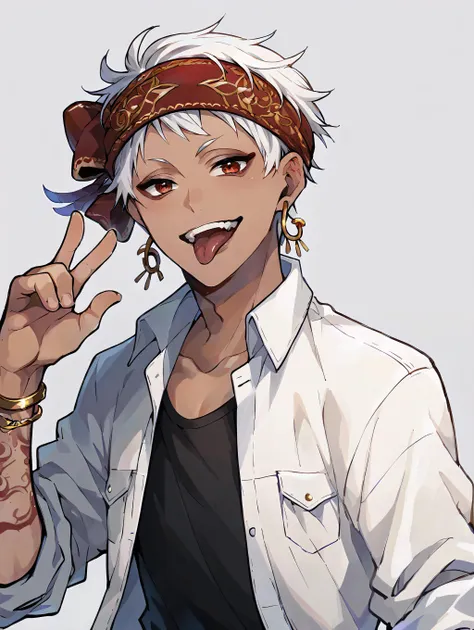 score_9, score_8_up, score_7_up, score_6_up, score_5_up, score_4_up, rating_explicit, BREAK kalimalasim, 1boy, slim, dark skin, arm tattoo, red eyes, white hair, headband, short hair, jewelry, earrings, <lora:KalimAlAsim_PDXL:1>, shirt, tongue out, pose, hand gesture