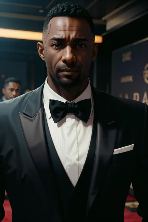 (masterpiece:1.2), (best quality:1.2), (high resolution:1.2)
<lora:epi_noiseoffset2:1>,
<lora:CyberReed:0.8>
CyberReed, 1boy, dark-skinned male, buzz cut, On the red carpet at a glamorous awards ceremony, wearing a bespoke black tie ensemble