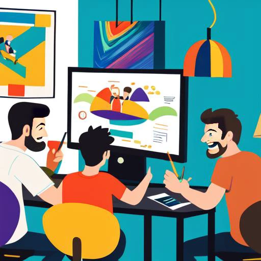 a group of mans, modern art, ui, working at a computer desk, 2d abstract illustration, vivid multicolored wall, wealthy portraiture ,playful streamlined forms, wealthy portraiture, Vivid Watercolors background,