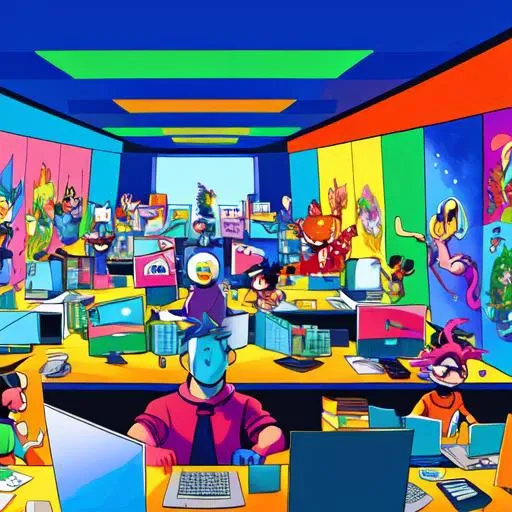 a group of cartoon characters, full body, working at a computer desk, 2d abstract illustration, colorful animations, Cyberpunk style, dramatic diagonals, vivid multicolored wall, wealthy portraiture ,playful streamlined forms, wealthy portraiture, Vivid Watercolors background,