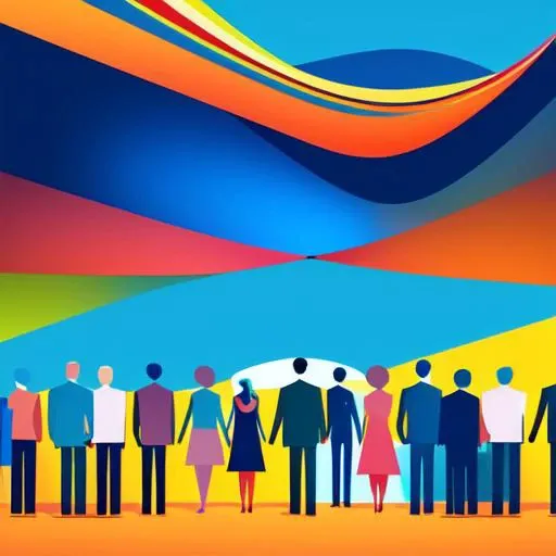 a group of man and female standing on a data wall, abstract novel illustration, in the style of playful abstracted shapes, editorial illustrations, vivid multicolored wall, wealthy portraiture ,playful streamlined forms, streamlined forms, wealthy portraiture, colorful animation stills,