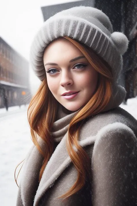 professional portrait photograph of a gorgeous (lindsaylohan-15500) in winter clothing, sexy smile, ((sultry flirty look)), freckles, beautiful symmetrical face, cute natural makeup, wearing elegant winter fashion clothing, ((standing outside in snowy city street)), stunning modern urban upscale environment, ultra realistic, concept art, elegant, highly detailed, intricate, sharp focus, depth of field, f/1. 8, 85mm, medium shot, mid shot, (centered image composition), (professionally color graded), ((bright soft diffused light)), volumetric fog, trending on instagram, trending on tumblr, hdr 4k, 8k