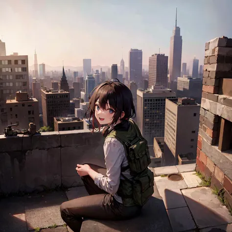 masterpiece, absurdres, post-apocalypse, city ruins, campfire, looking at viewer, laughing,militaryru, <lora:militarytyan:1>,