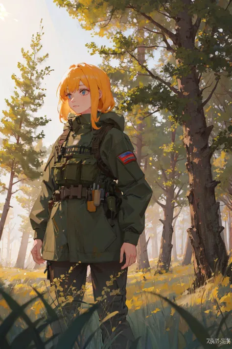 1girl, solo, militaryru, <lora:militarytyan:1>, forest, sunlight, summer,