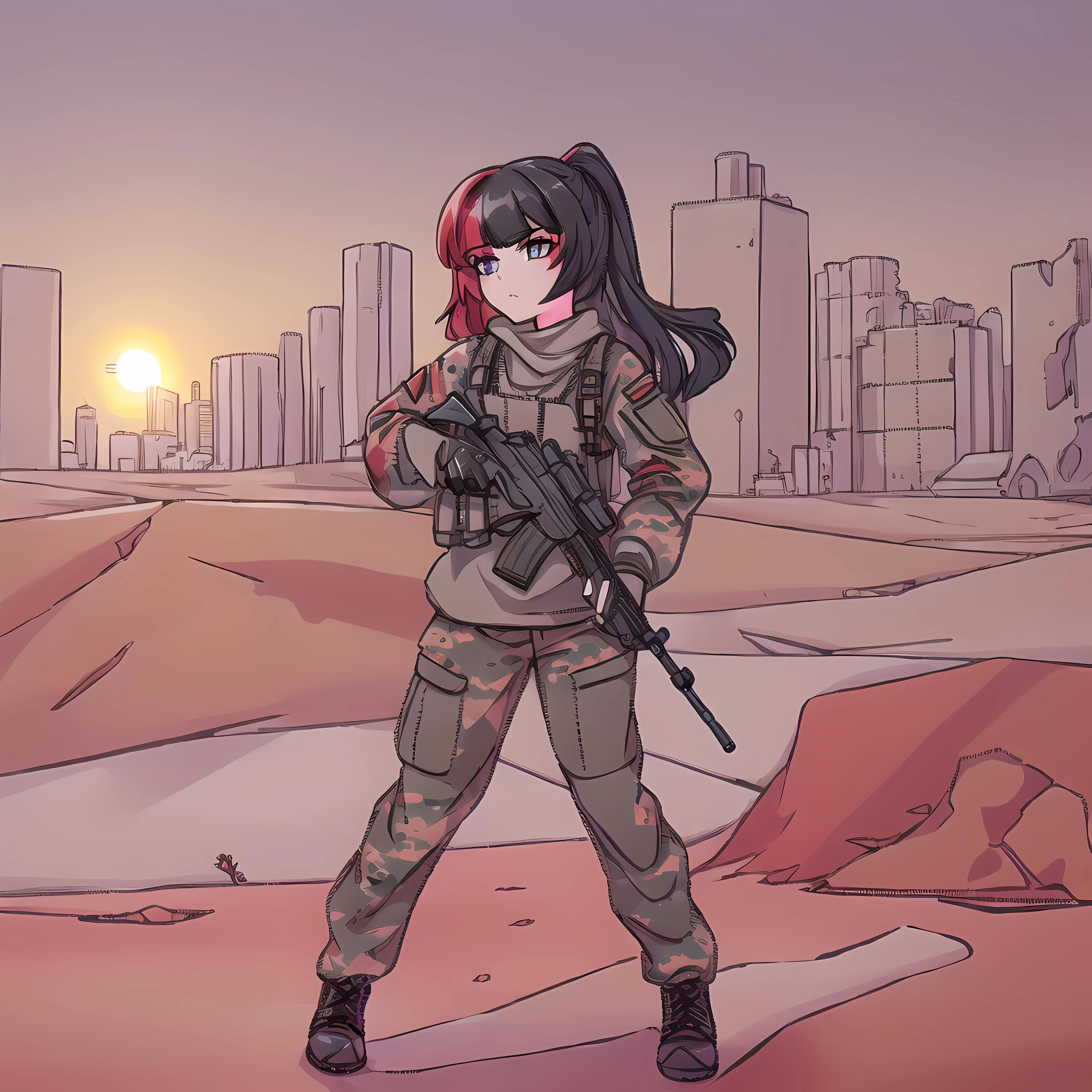 masterpiece, full body, (1girl, solo:1.5), small mouth is open, <lora:V1VKMuffLoCon:1> muff, standing,( black hair:1.1), red hair, multicolored hair, (two color hair:1.3), city, desert camouflage clothes, military pants, military black boots, <lora:militarytyan:1.0>, gun, weapons,( holding weapon in both hands:1.2), (assault rifle:1.3), detailed, details, ruined desert city, (the sun, morning:1.4), (sand under feet:1.4)