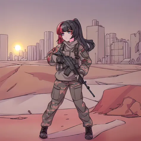 masterpiece, full body, (1girl, solo:1.5), small mouth is open, <lora:V1VKMuffLoCon:1> muff, standing,( black hair:1.1), red hair, multicolored hair, (two color hair:1.3), city, desert camouflage clothes, military pants, military black boots, <lora:militarytyan:1.0>, gun, weapons,( holding weapon in both hands:1.2), (assault rifle:1.3), detailed, details, ruined desert city, (the sun, morning:1.4), (sand under feet:1.4)