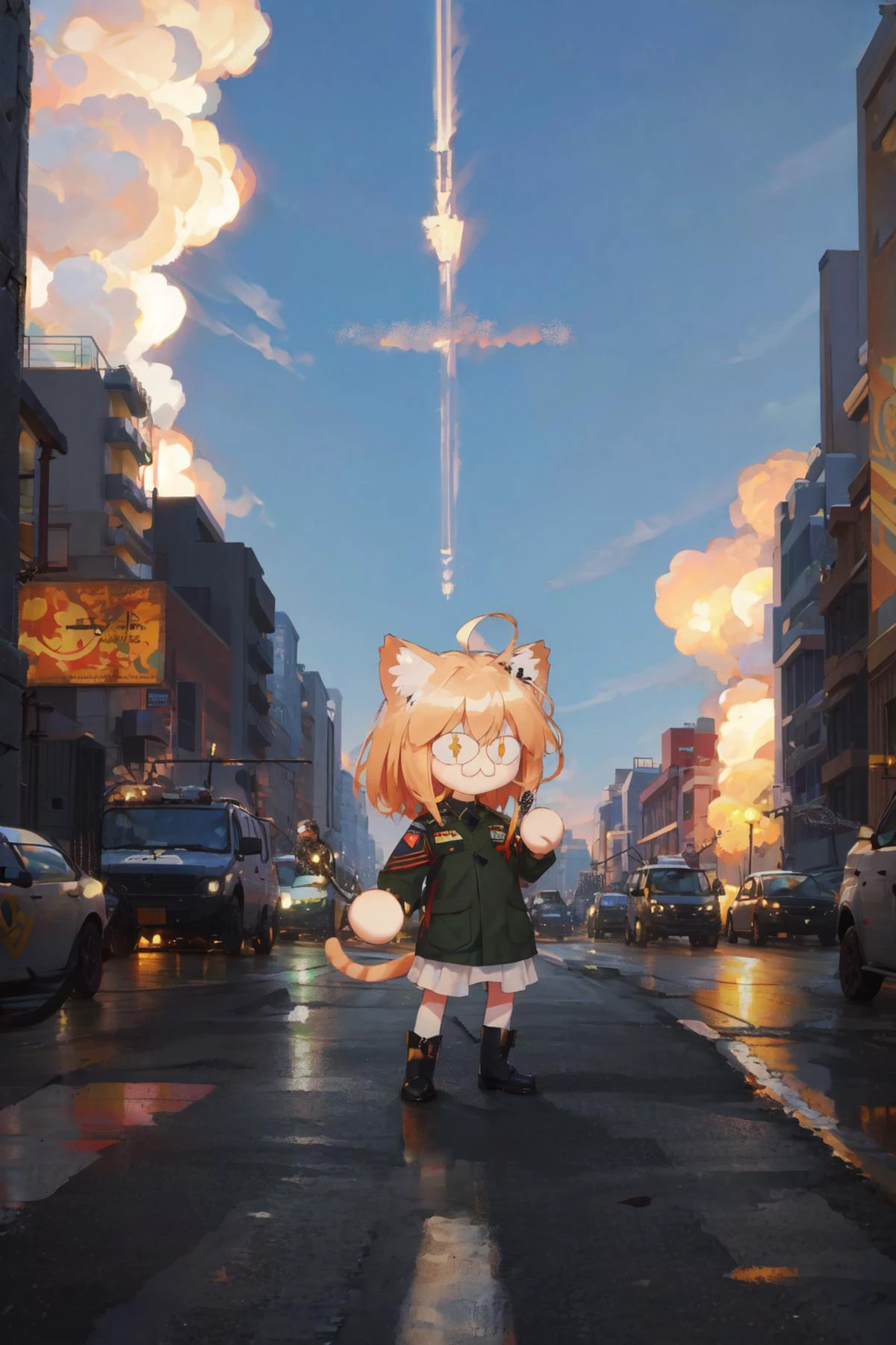 neco-arc, 1girl, full body, :3, cat ears, chibi, cat girl, cat tail, solo, slit pupils, militaryru, <lora:Neco-Arc:1>, <lora:militarytyan:1>, military, explosion, city,
