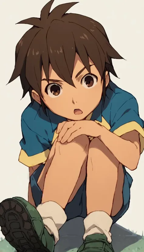 score_9, score_8_up, score_7_up, score_6_up, score_5_up, score_4_up, source_anime, 1boy, handa shinichi, brown hair, brown eyes, pose,raimon soccer uniform, sitting, open mouth, <lora:Handa_Shinichi_r1:1>