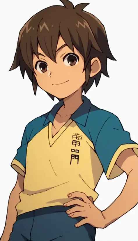 score_9, score_8_up, score_7_up, score_6_up, score_5_up, score_4_up, source_anime, 1boy, handa shinichi, brown hair, brown eyes, raimon soccer uniform, pose, smile, hand on own hip, looking at viewer, <lora:Handa_Shinichi_r1:1>