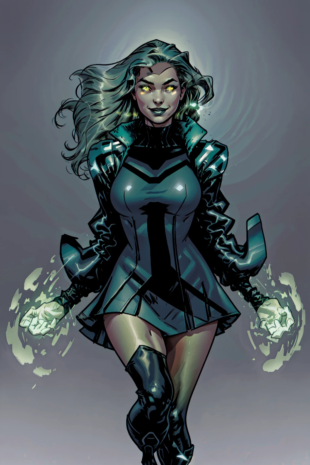 official art, masterpiece, Lorna Dane, Polaris, 1girl, solo, long hair, looking at viewer, smile, large breasts, thighhighs, dress, jacket, black thighhighs, zettai ryouiki, makeup, floating hair, glowing, thigh boots, watermark, lipstick, glowing eyes, clenched hands, aura, nice hands,subsurface scatter, specular highlights, fxaa, RTX on, dynamic angle, perfect anatomy, <lora:Polaris-10:1>