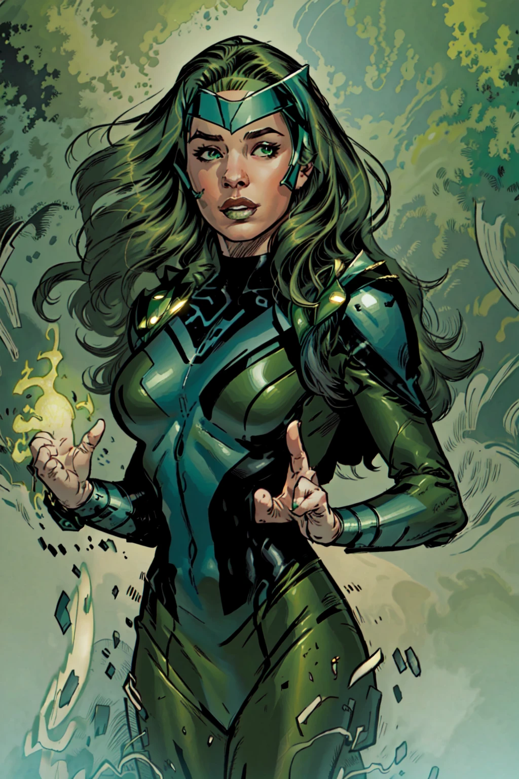 official art, masterpiece, Lorna Dane, Polaris, 1girl, solo, long hair, magic, bodysuit, headband, lips, nice hands,subsurface scatter, specular highlights, fxaa, RTX on <lora:Polaris-10:1>