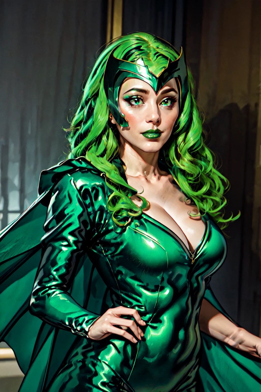 official art, masterpiece, Lorna Dane, Polaris,1girl, solo, makeup, lipstick, long hair, breasts, cleavage, bodysuit, cape, green leotard, midriff, portrait, ultra detailed, subsurface scattering,realistic, cosplay, specular highlights <lora:Polaris-10:0.8>