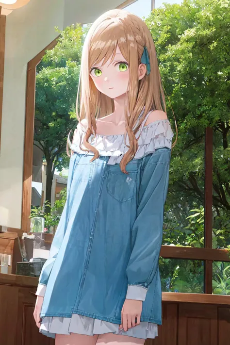 masterpiece, best quality, kinoshitaakane, 1girl, blue shirt, pink dress, female college student,