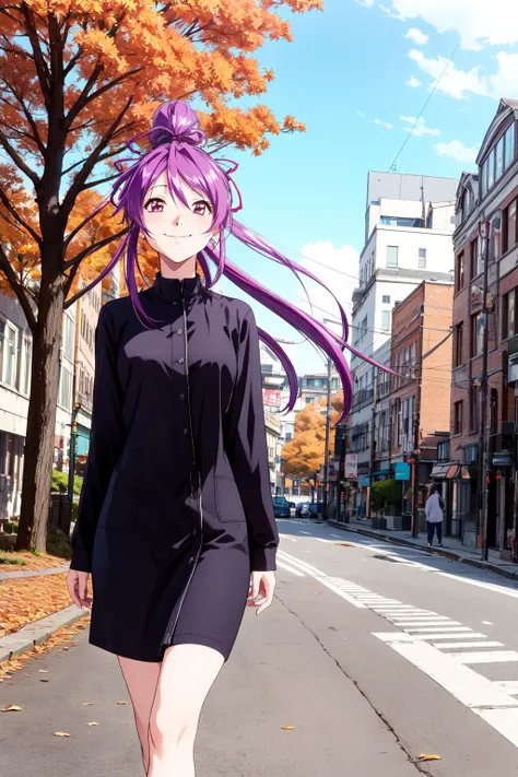 (RAW photo, best quality), 1girl,  natural lighting, outdoor,,autumn, city streets, windy, smile,
 <lora:innai_kansen_miyama_kaori_v2_2:1>, miyama kaori,