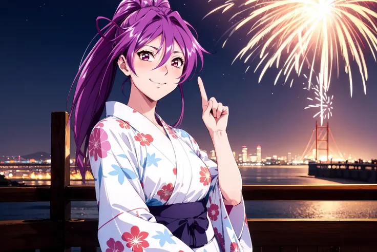 (RAW photo, best quality), 1girl, natural lighting, summer, night time, fireworks, yukata, smile, outdoor,
<lora:innai_kansen_miyama_kaori_v2_2-000002:1>, miyama kaori,