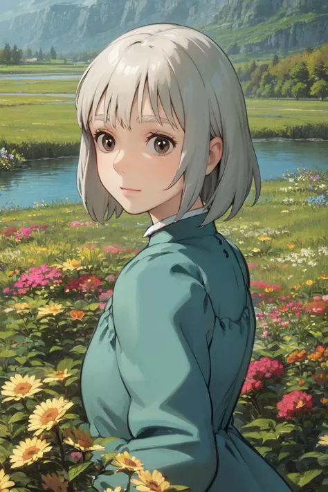 upper body, (best quality), (masterpiece), (solo), 1girl, grey hair, brown eyes, medium length hair, blue dress, grass, flowers, lake, sunny, <lora:sophie_hatter:1>