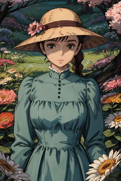 masterpiece, best quality, 1girl, <lora:sophie_hatter:1>sophie_hatter, brown eyes, Green dress, Hat, Brown hair, Braided hair, Medium length hair, on back, in a field, flower, perfect light, from above,  <lora:more_details:0.3>