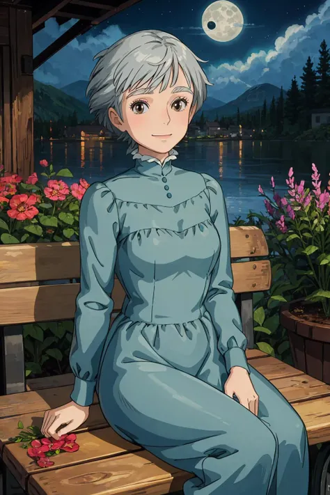 masterpiece, best quality, 1girl, <lora:sophie_hatter:1>sophie_hatter, light smile, brown eyes, blue dress, grey hair, short hair, sitting on a wooden bench, at night, looking at the moon in the sky, <lora:more_details:0.3>