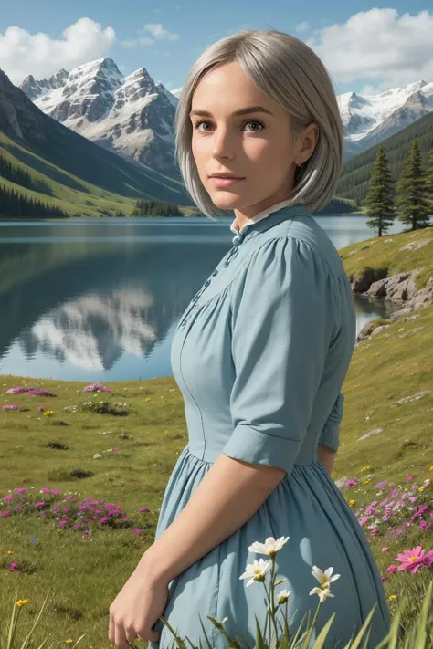 upper body, (best quality), (masterpiece), (solo), 1girl, grey hair, brown eyed, medium length hair, blue dress, grass, flowers, lake, trees, mountains, sunny, looking at viewer <lora:sophie_hatter:1>