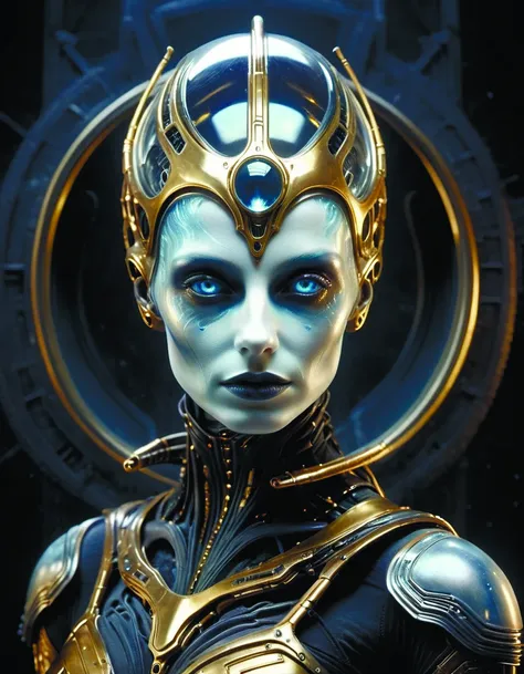 a close up of a woman in a futuristic costume with a clock in the background