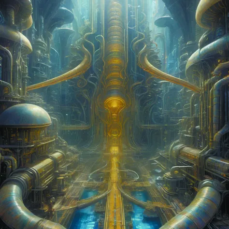 a close up of a futuristic city with a large pipe