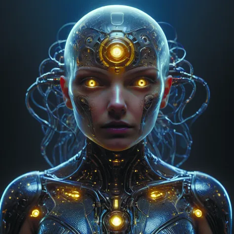 a woman with glowing eyes and a futuristic head