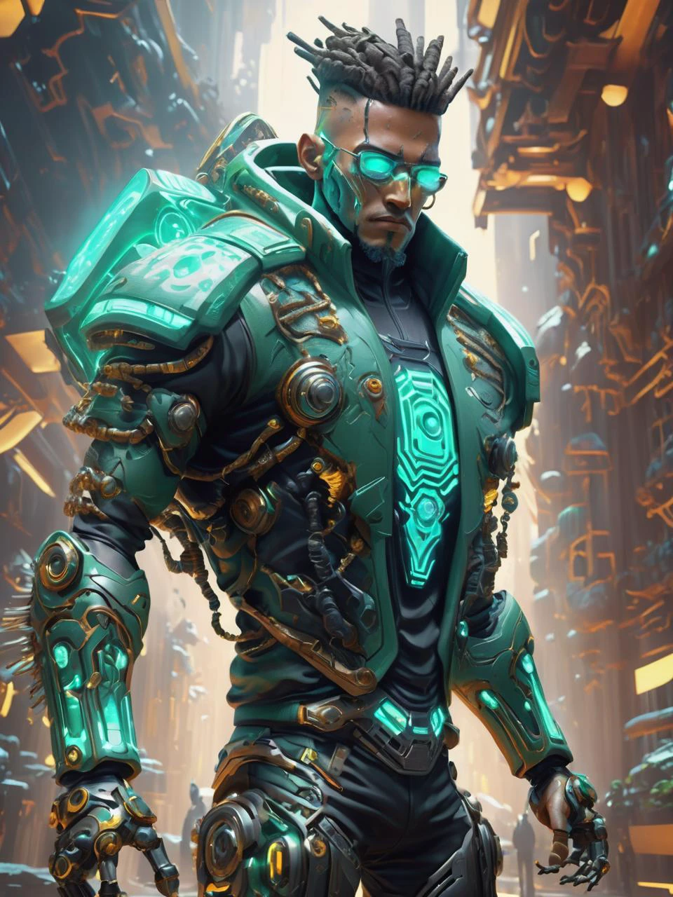 ((best quality)), ((masterpiece)), ((realistic,digital art)), (hyper detailed),DonMPl4sm4T3chXL male Biopunk Augmentation Engineer, Cybernetic Mercenaries, Human mercenaries with cybernetic implants and body augmentations, Youth Broad, Polynesian, Emerald eyes, Unusual Ears, Narrow Chin, Square Jaw, Round Cheeks, Sculpted Quadriceps, , Chestnut Cornrows hair, Annoyance,, Virtual Reality Combat, Character takes a defensive stance with legs spread apart, arms raised to block incoming virtual attacks, wearing Carbon Nanotube Sweatpants, Cyber-Satin Hoodie, Neural Interface Sneakers, , and and and, Robotic Precision, Character strikes a precise, mechanical pose, with rigidly angled limbs and straight posture, octane rendering, raytracing, volumetric lighting, Backlit,Rim Lighting, 8K, HDR, <lora:DonMPl4sm4T3chXL-000010:0.7>
