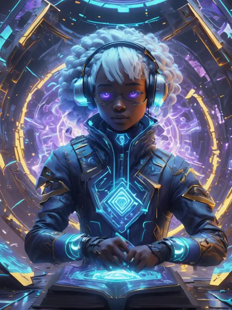 ((best quality)), ((masterpiece)), ((realistic,digital art)), (hyper detailed),DonMPl4sm4T3chXL female Data Encryption Cracker, , Senior, Plump, African, Violet eyes, Triangle face shape, , Platinum Blonde Shag haircut hair, Excitement, Virtual Reality Combat, Character takes a defensive stance with legs spread apart, arms raised to block incoming virtual attacks, wearing Wool Periwinkle Gingham Neon Circuit Leggings, Holo-Silk Palazzo Pants, , Robo-Lace Snapback, and and, Seeking counsel from an enchanted book, reading with intense focus, octane rendering, raytracing, volumetric lighting, Backlit,Rim Lighting, 8K, HDR, <lora:DonMPl4sm4T3chXL-000010:0.7>